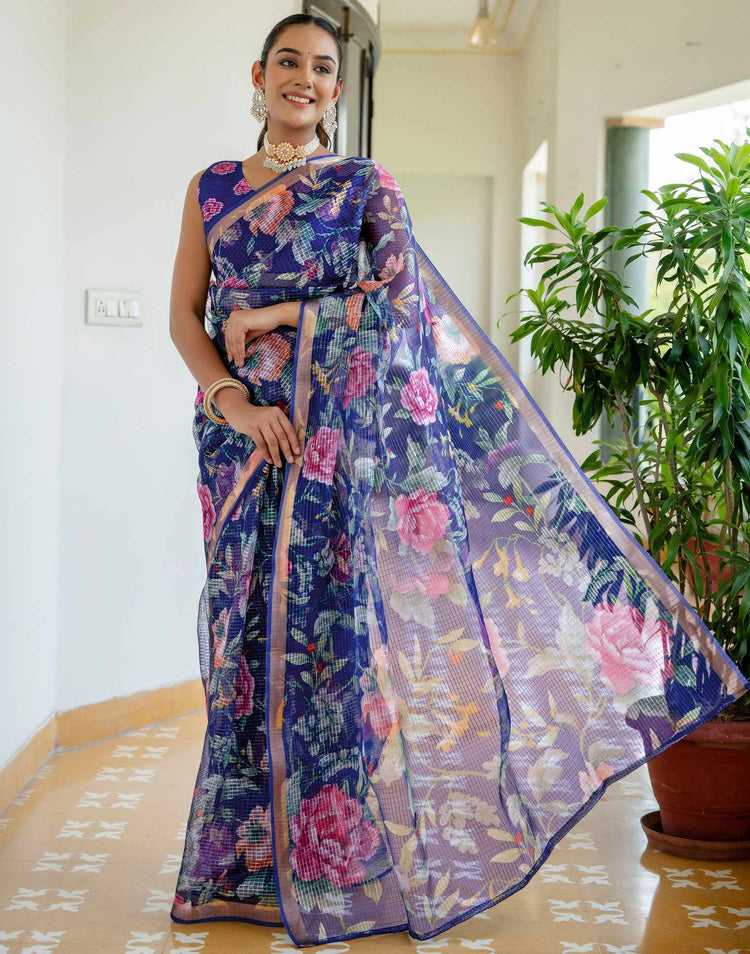 Blue Kota Doria Printed Zari Border Saree