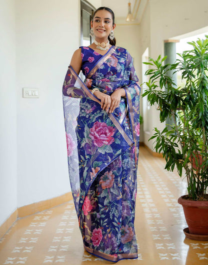 Blue Kota Doria Printed Zari Border Saree