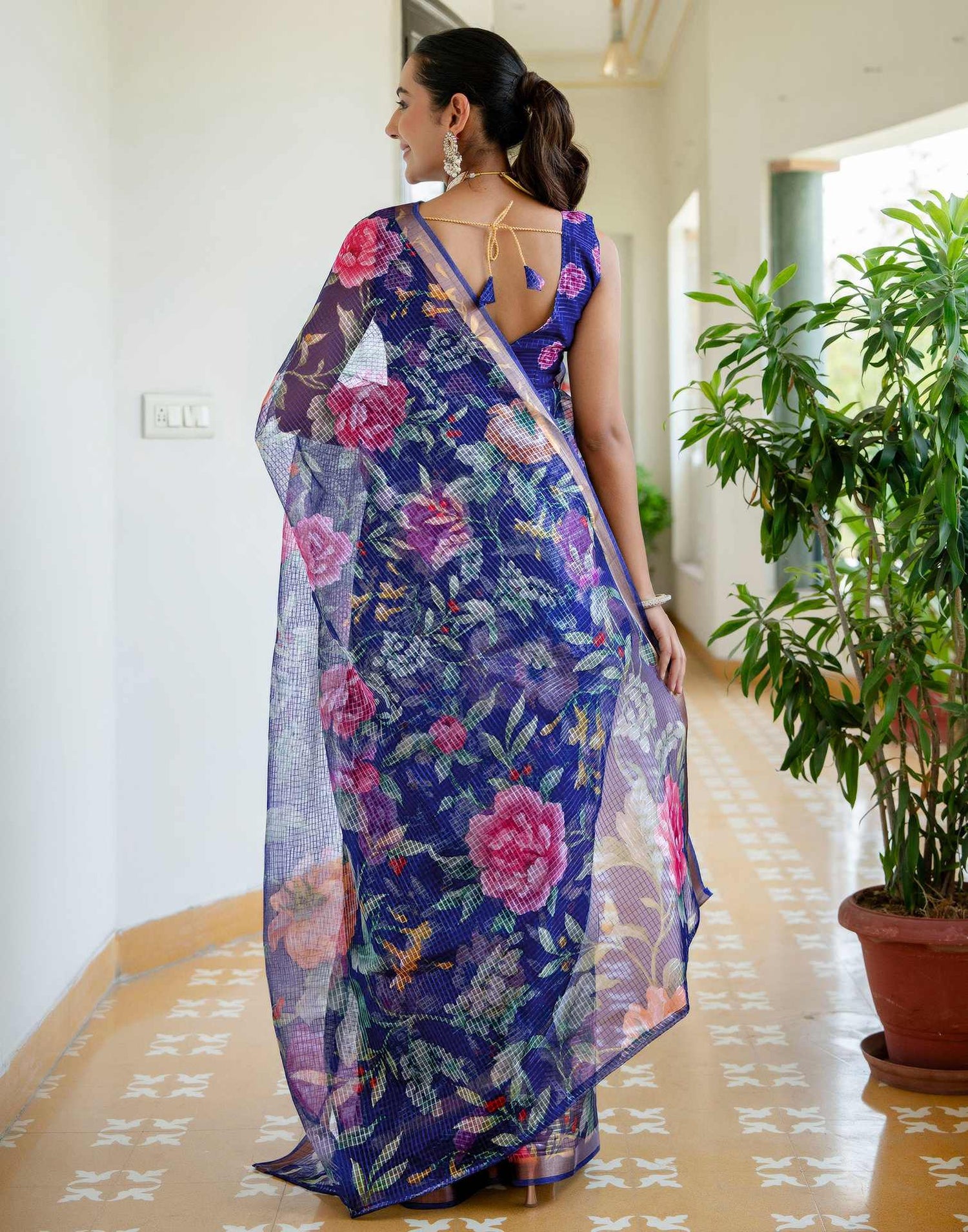Blue Kota Doria Printed Zari Border Saree
