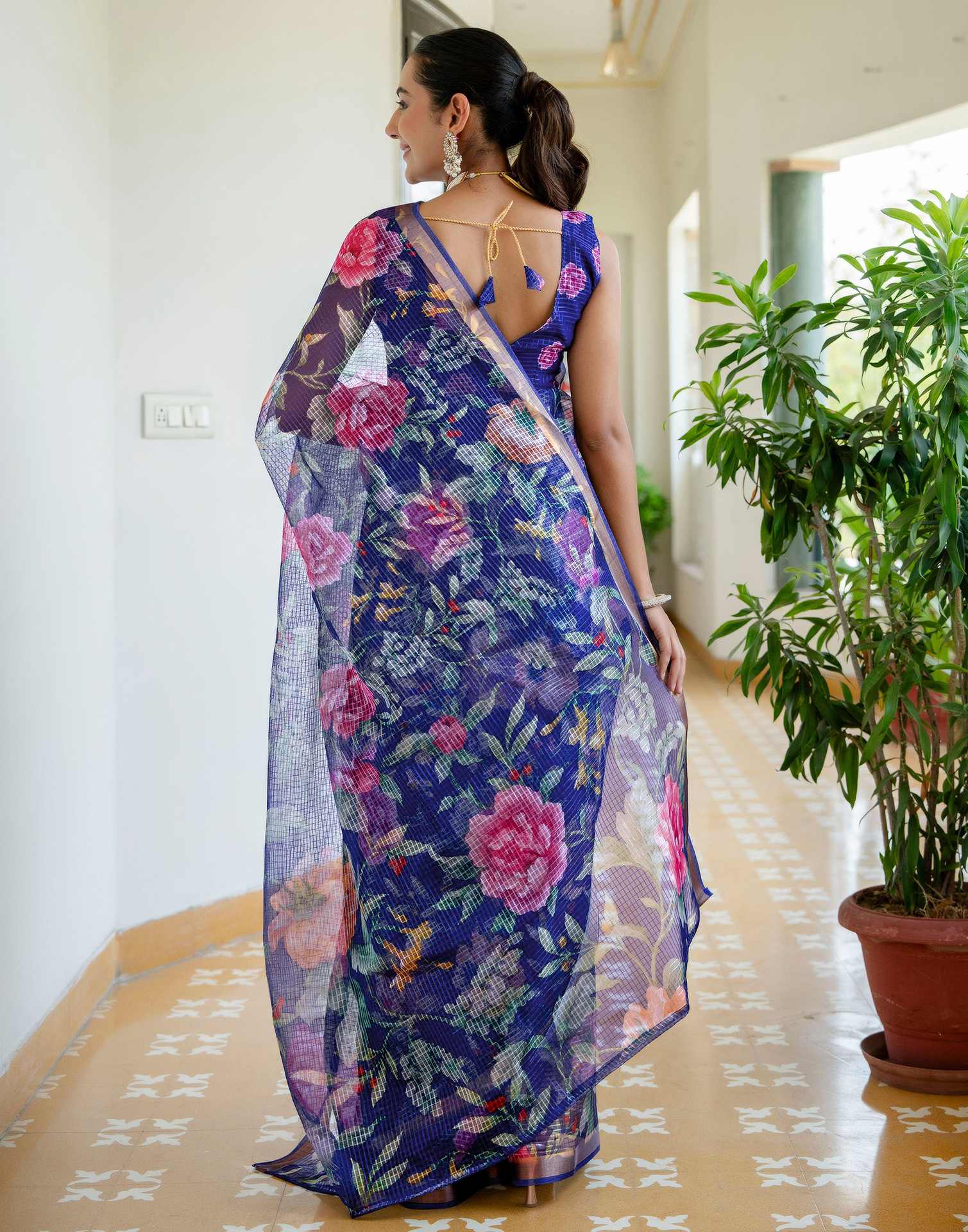 Blue Kota Doria Printed Zari Border Saree