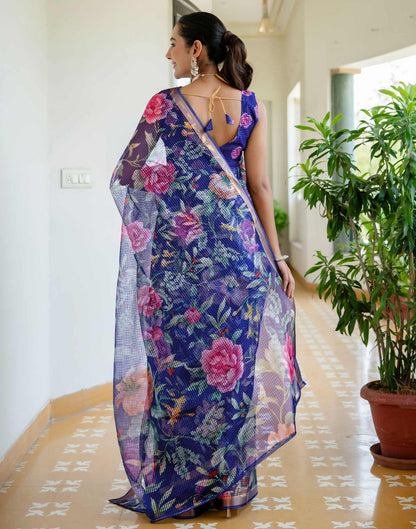 Blue Kota Doria Printed Zari Border Saree