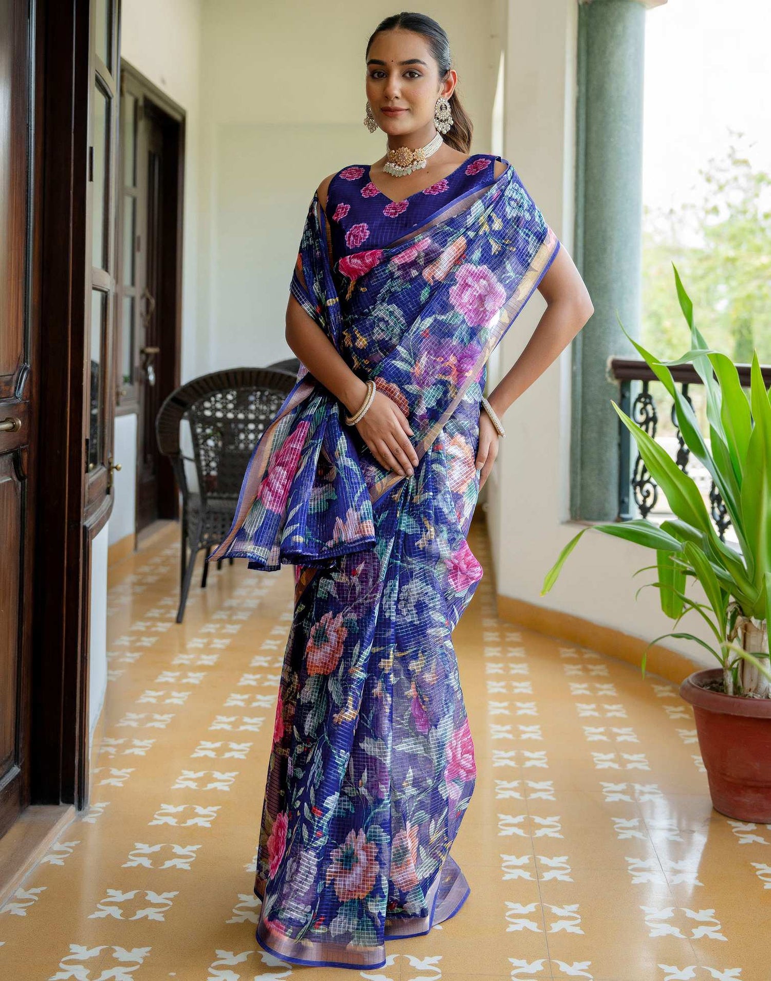 Blue Kota Doria Printed Zari Border Saree