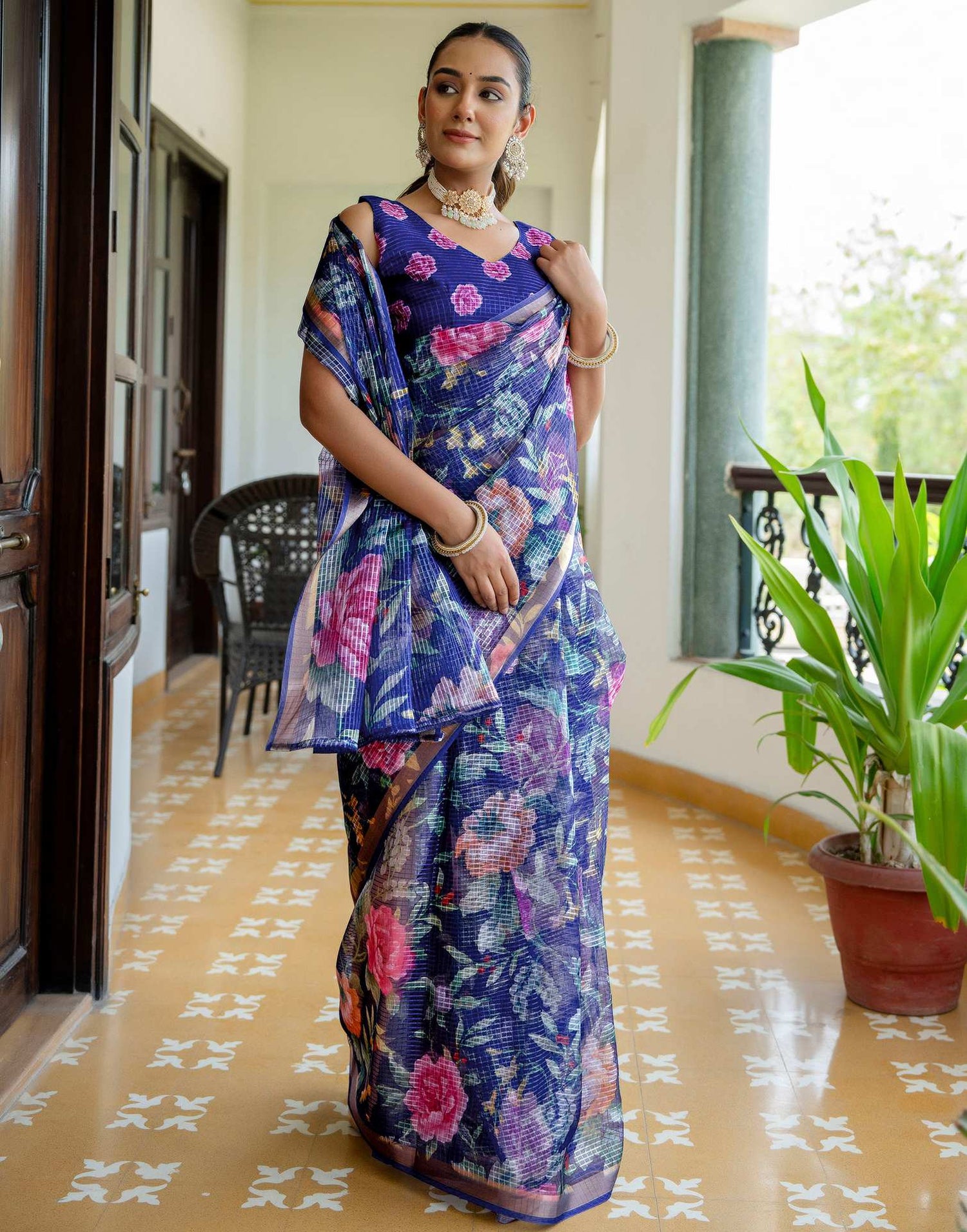 Blue Kota Doria Printed Zari Border Saree