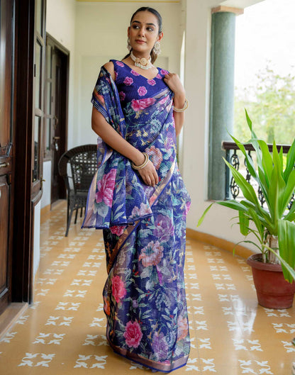 Blue Kota Doria Printed Zari Border Saree
