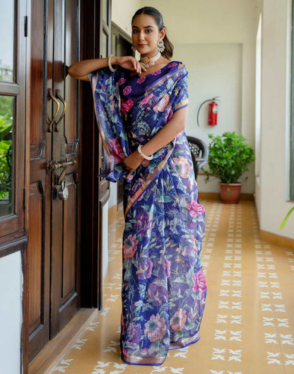 Blue Kota Doria Printed Zari Border Saree