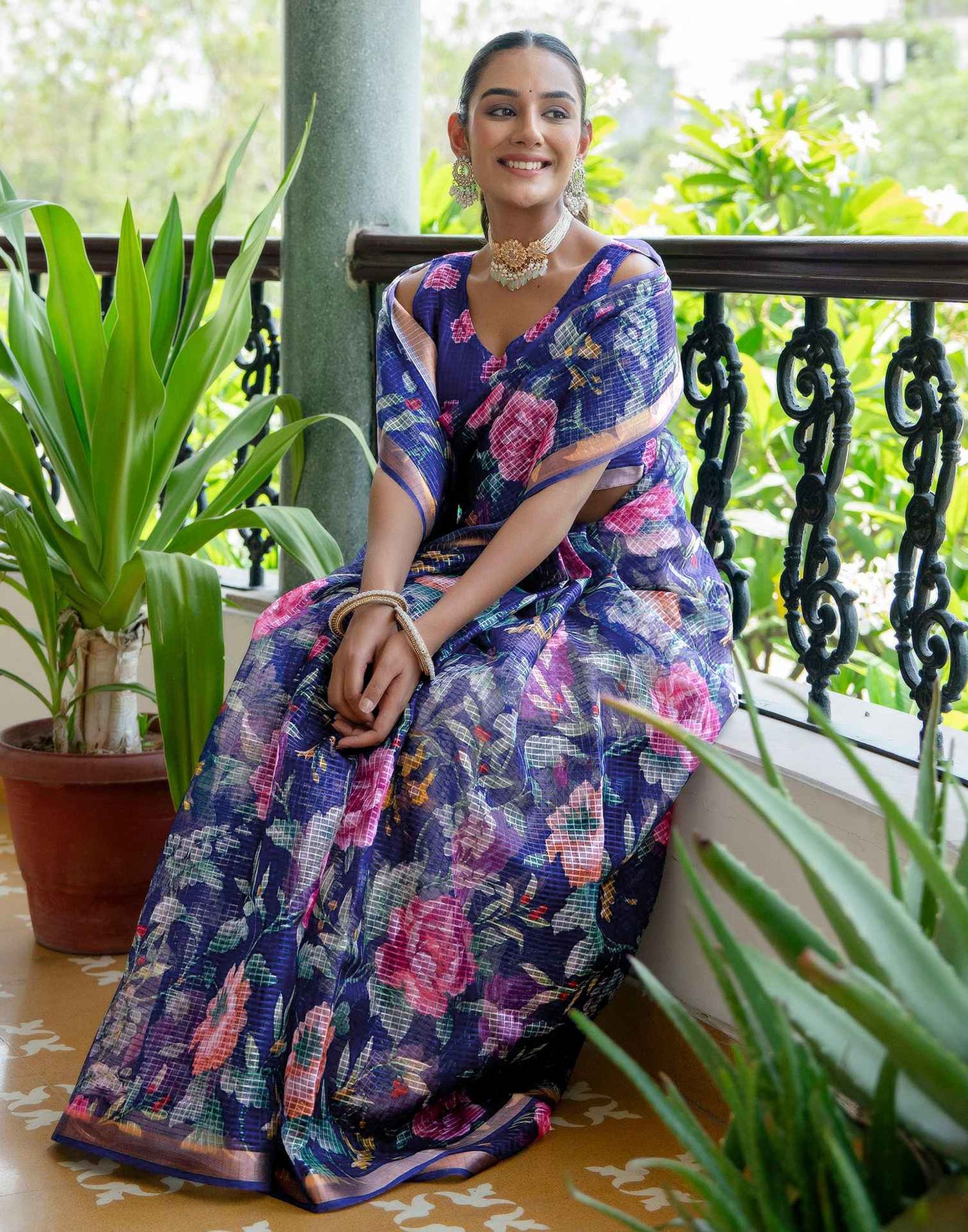 Blue Kota Doria Printed Zari Border Saree