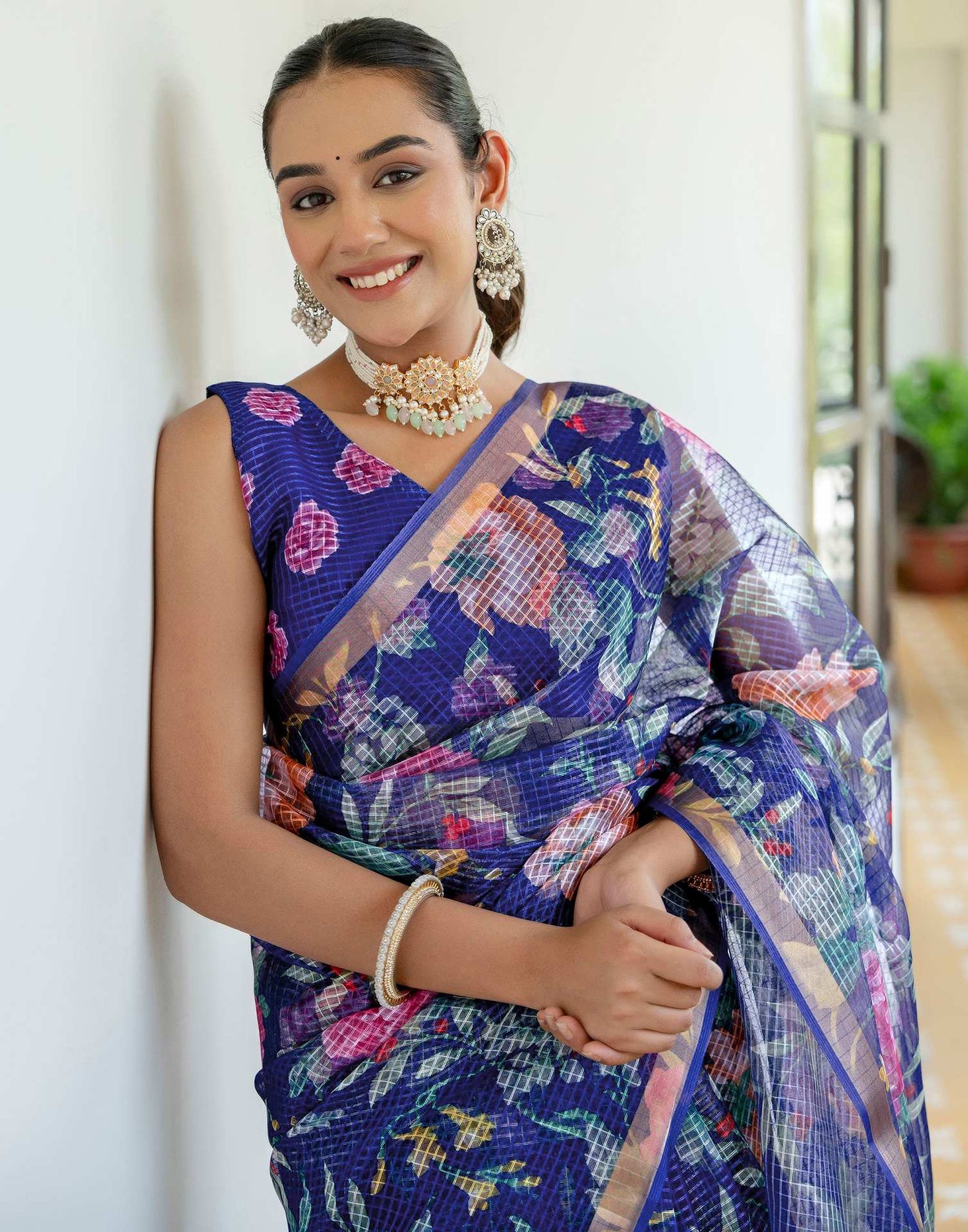 Blue Kota Doria Printed Zari Border Saree
