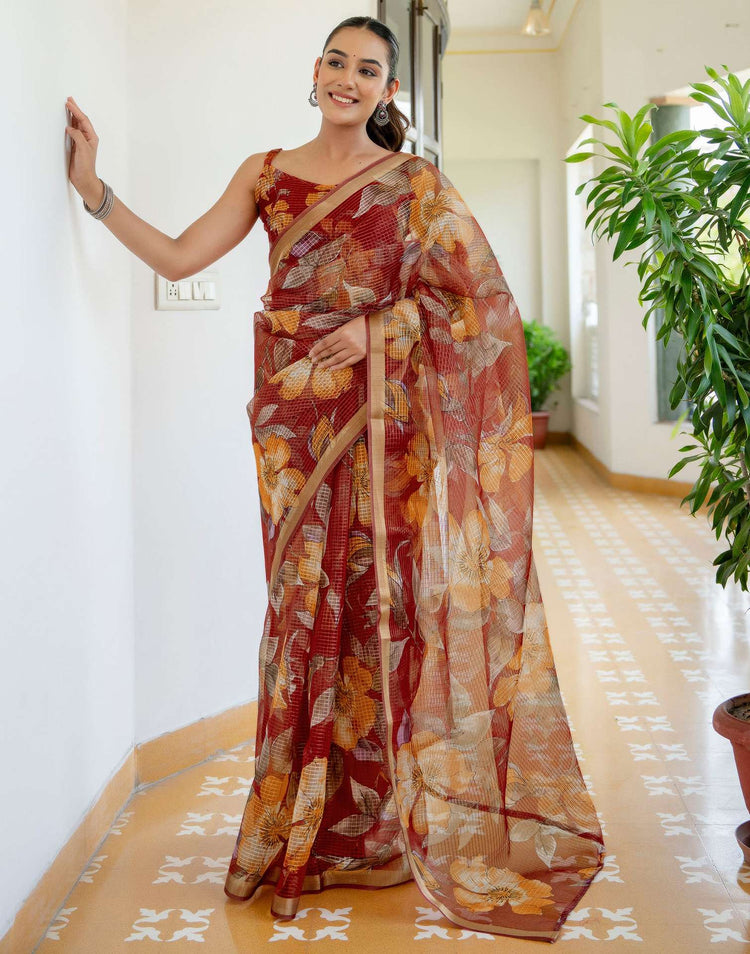 Maroon Kota Doria Printed Zari Border Saree