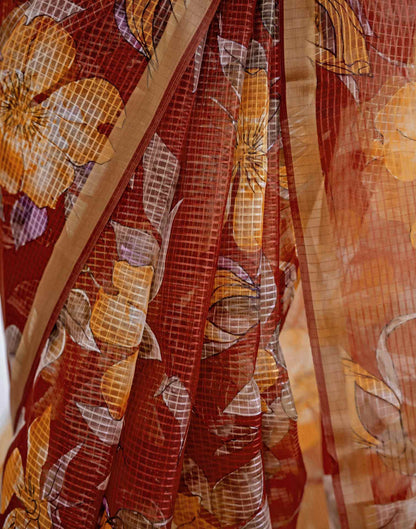 Maroon Kota Doria Printed Zari Border Saree