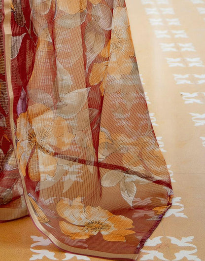 Maroon Kota Doria Printed Zari Border Saree