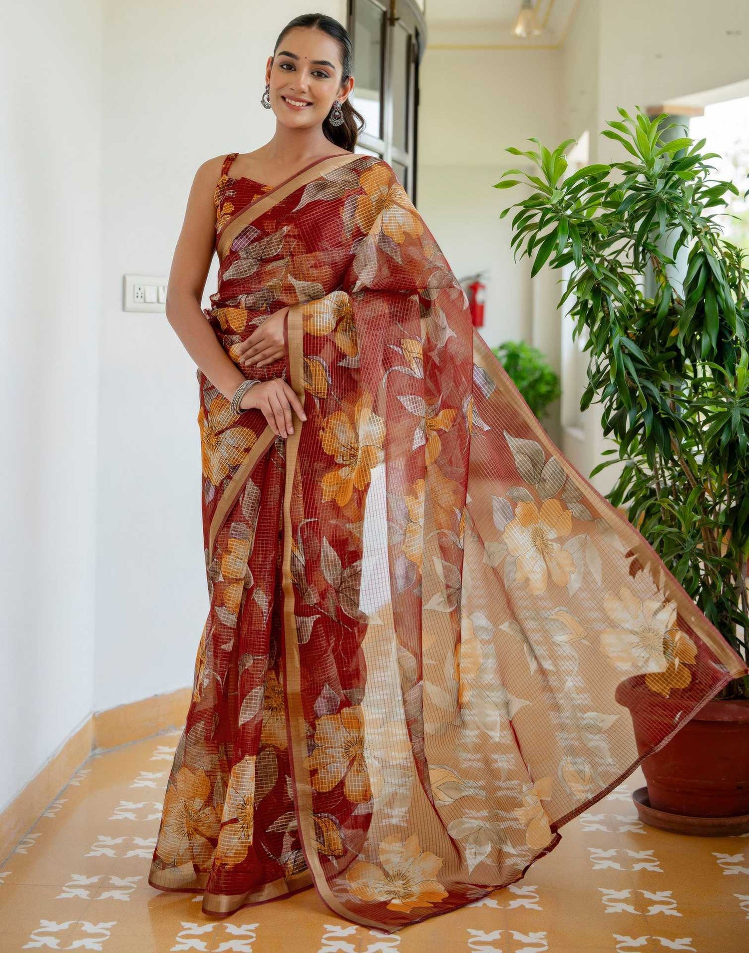 Maroon Kota Doria Printed Zari Border Saree