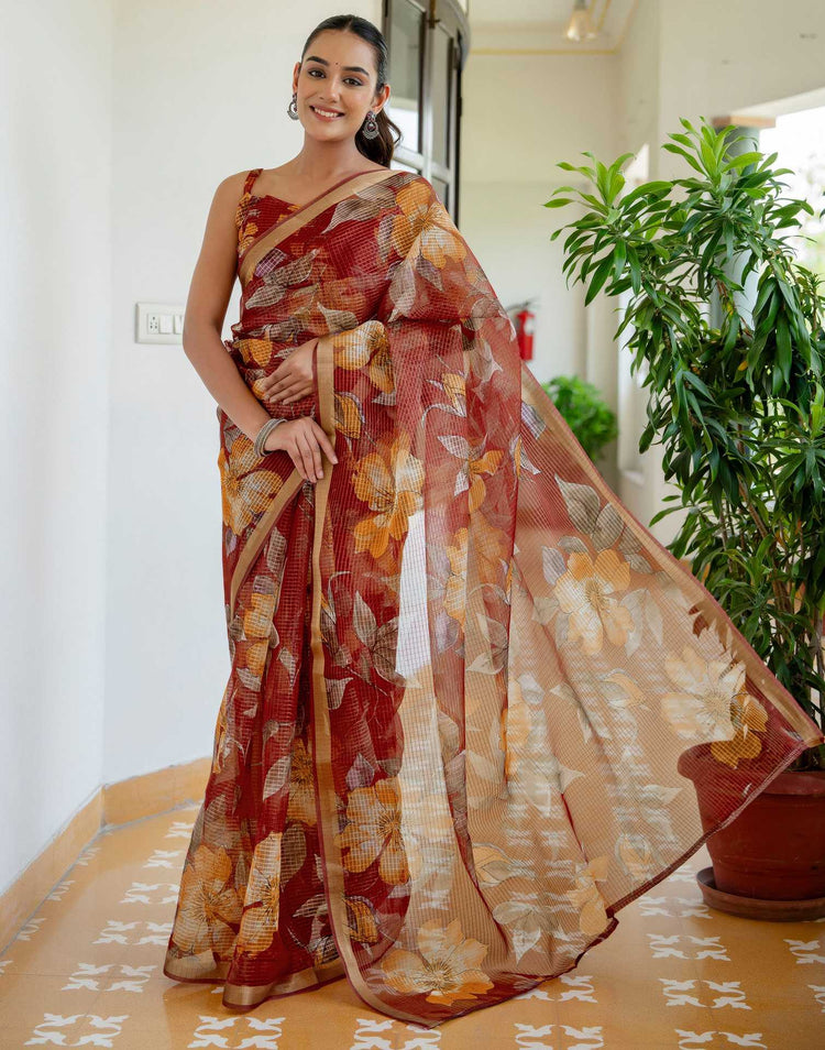 Maroon Kota Doria Printed Zari Border Saree