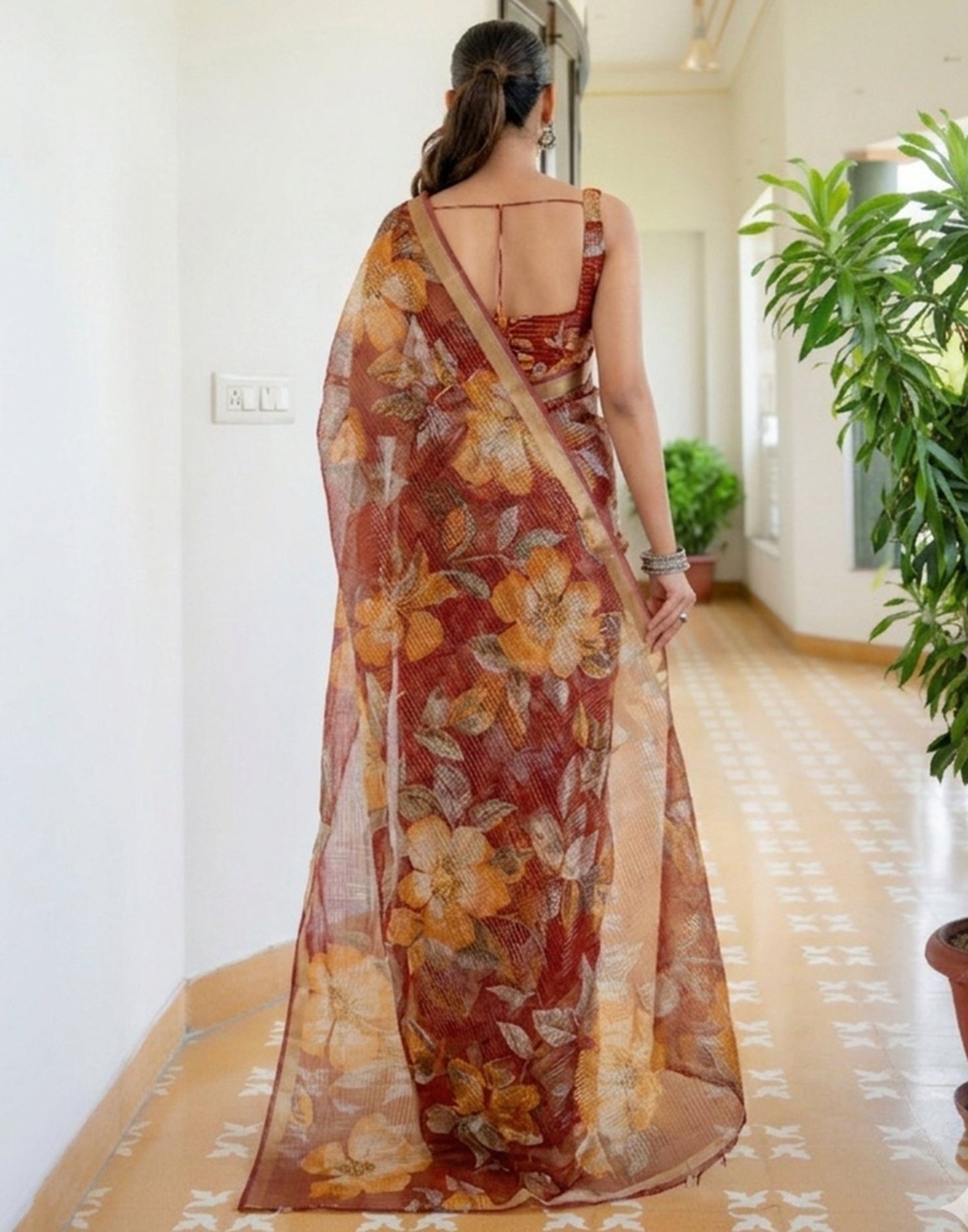 Maroon Kota Doria Printed Zari Border Saree