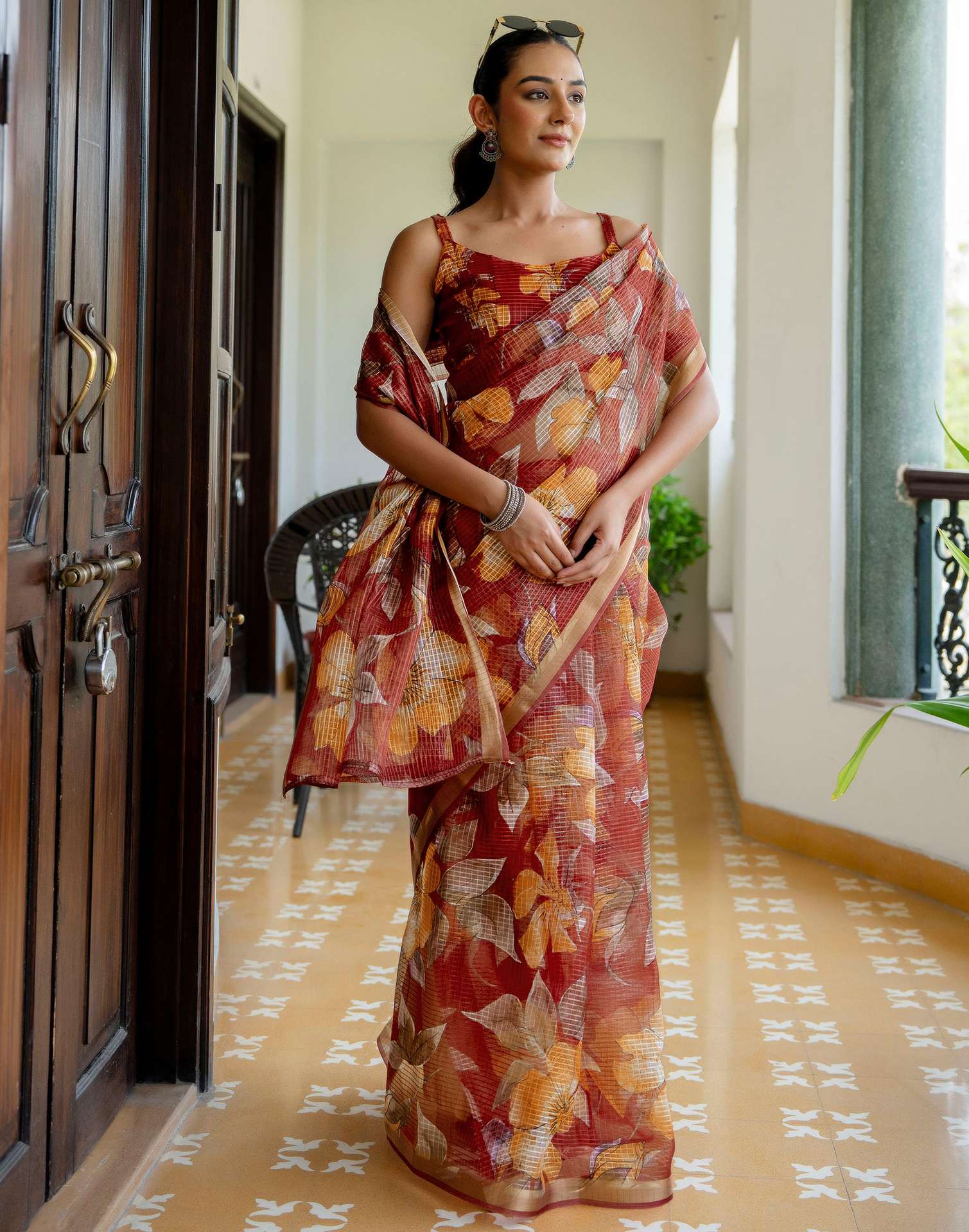 Maroon Kota Doria Printed Zari Border Saree