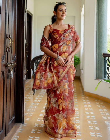 Maroon Kota Doria Printed Zari Border Saree