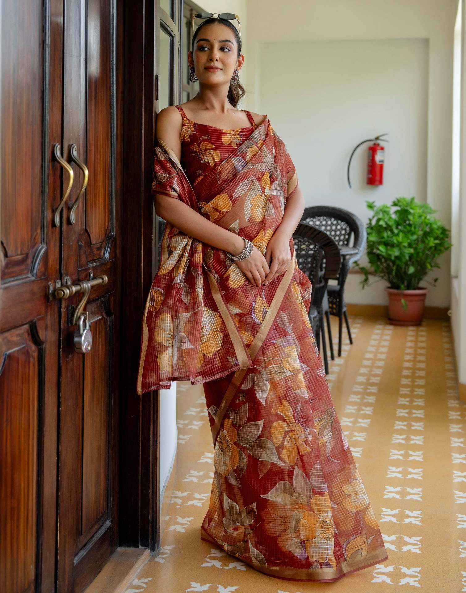 Maroon Kota Doria Printed Zari Border Saree