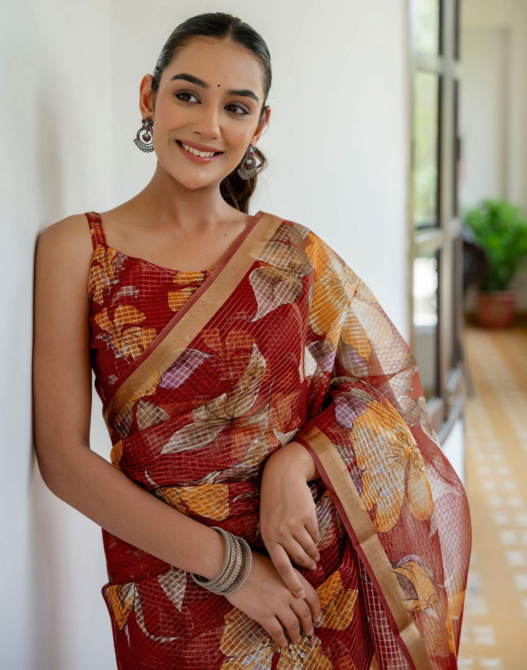 Maroon Kota Doria Printed Zari Border Saree
