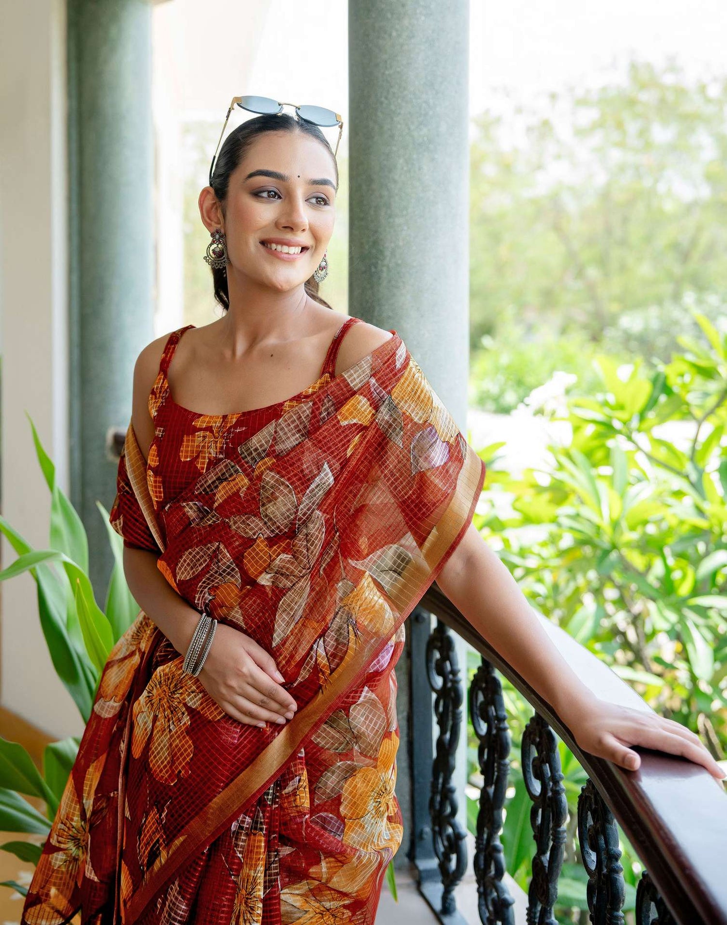 Maroon Kota Doria Printed Zari Border Saree