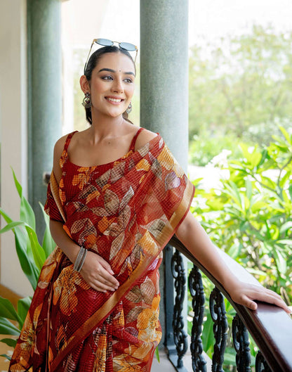Maroon Kota Doria Printed Zari Border Saree