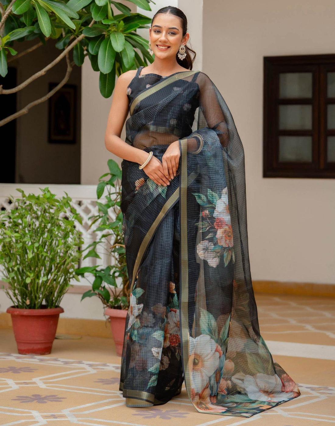 Black Kota Doria Printed Zari Border Saree