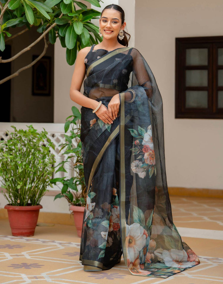 Black Kota Doria Printed Zari Border Saree