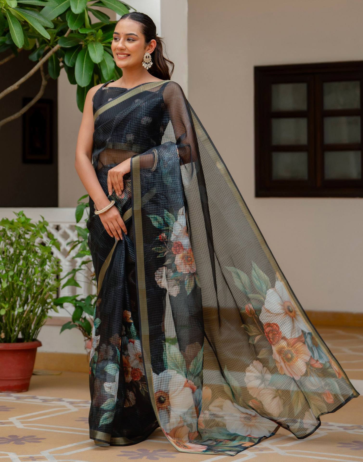 Black Kota Doria Printed Zari Border Saree