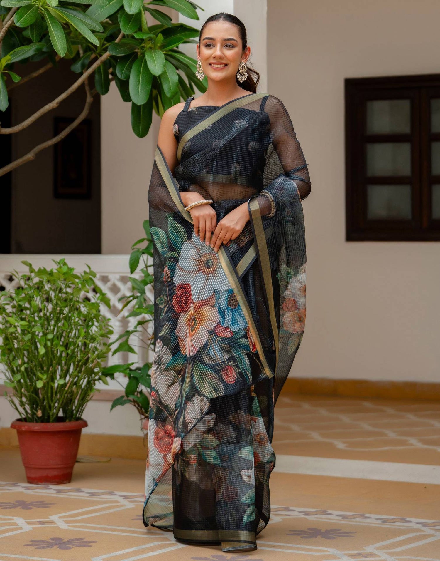 Black Kota Doria Printed Zari Border Saree