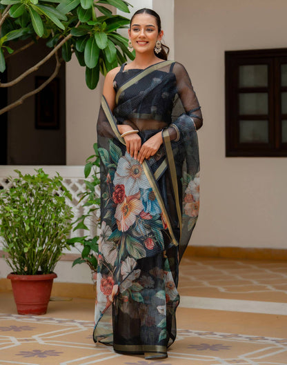 Black Kota Doria Printed Zari Border Saree