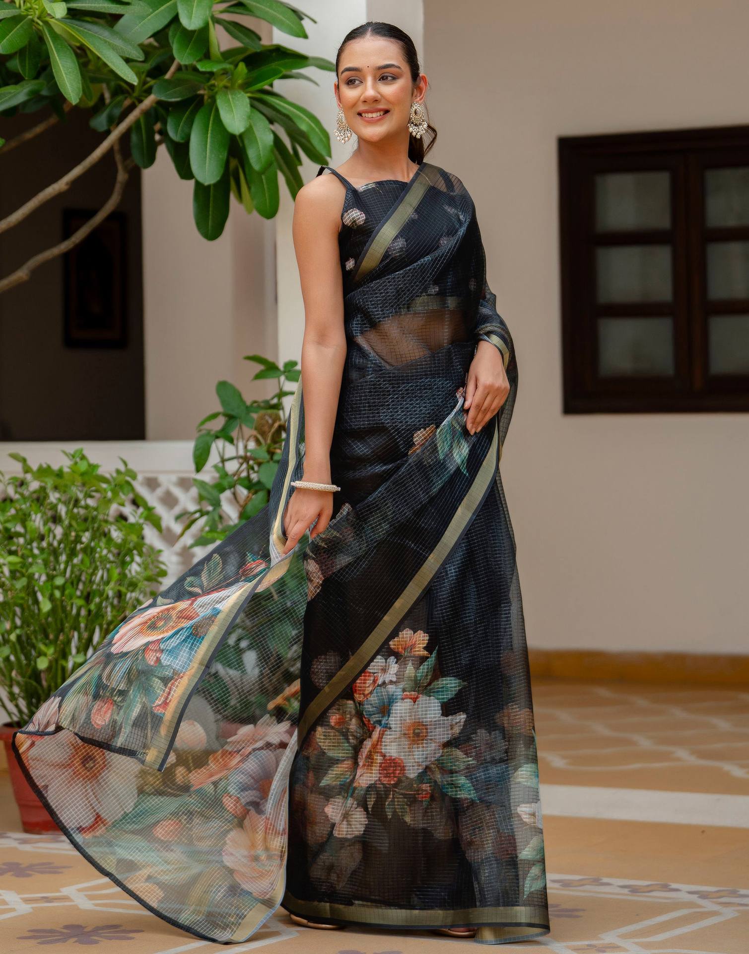 Black Kota Doria Printed Zari Border Saree