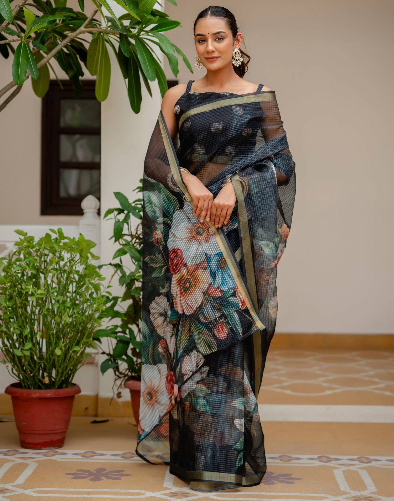 Black Kota Doria Printed Zari Border Saree