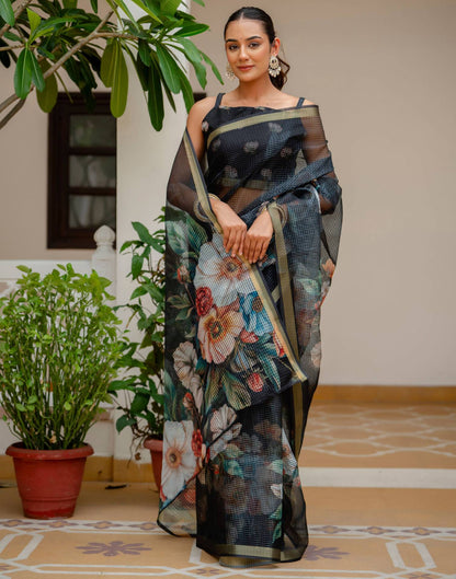 Black Kota Doria Printed Zari Border Saree