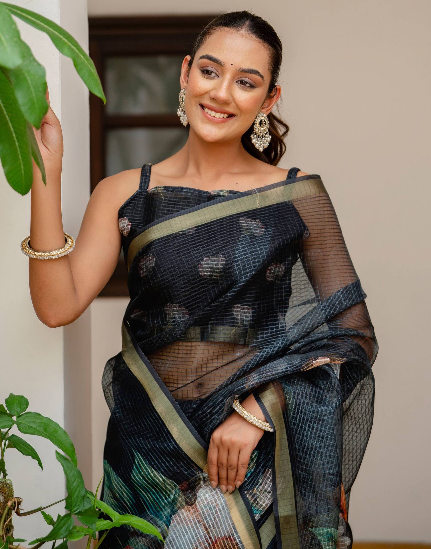 Black Kota Doria Printed Zari Border Saree