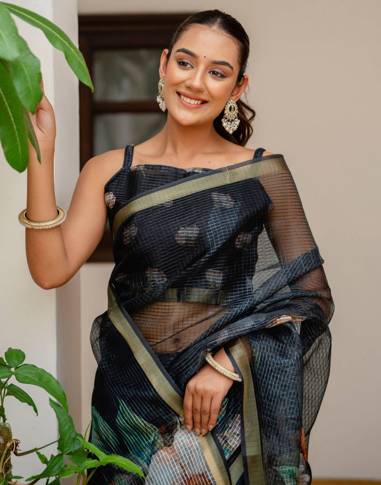 Black Kota Doria Printed Zari Border Saree