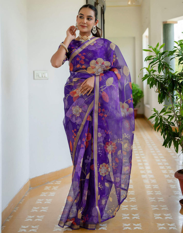 Dark Purple Kota Doria Printed Zari Border Saree