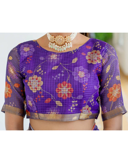 Dark Purple Kota Doria Printed Zari Border Saree