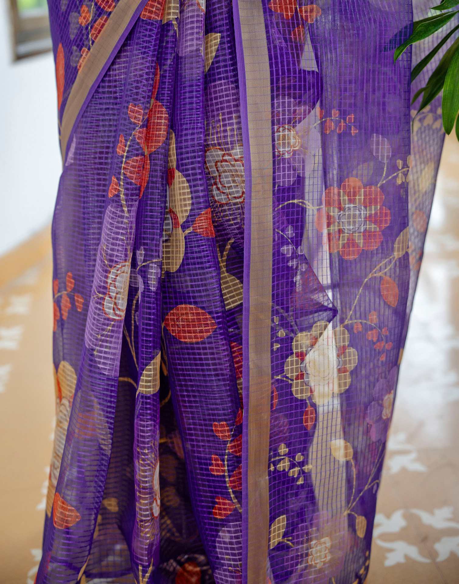 Dark Purple Kota Doria Printed Zari Border Saree