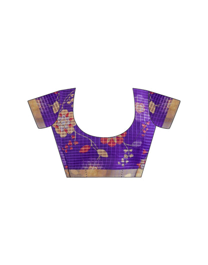 Dark Purple Kota Doria Printed Zari Border Saree