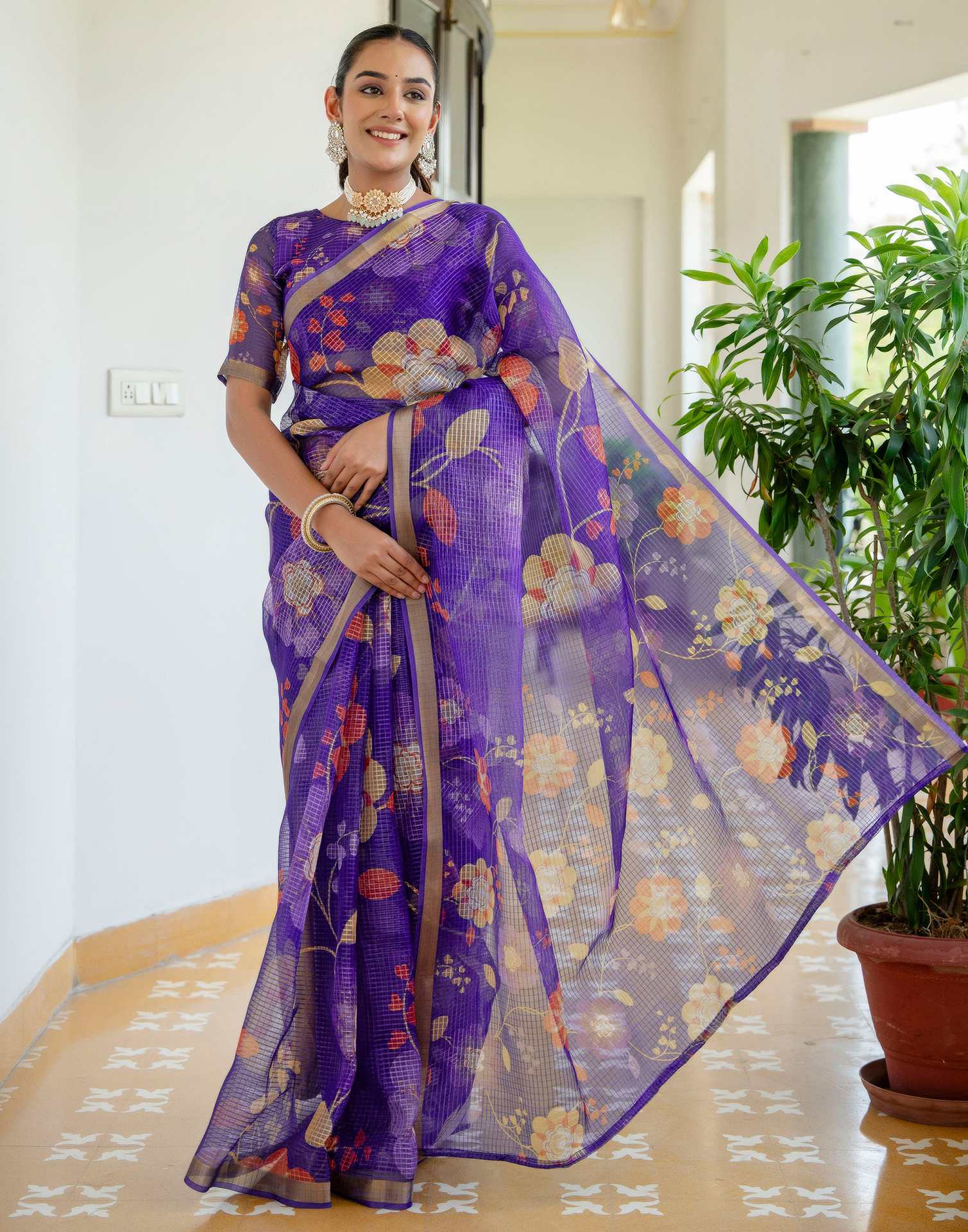 Dark Purple Kota Doria Printed Zari Border Saree