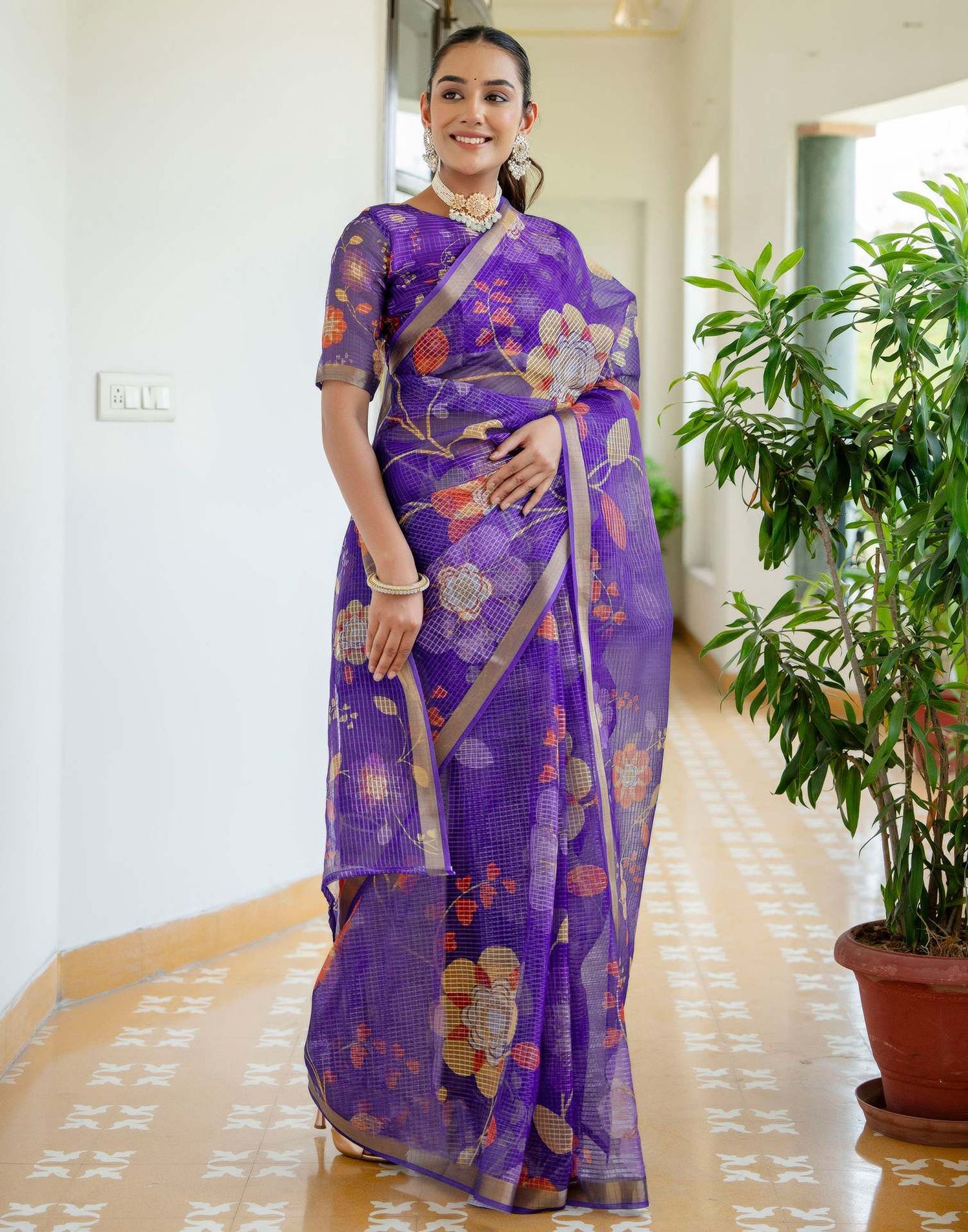 Dark Purple Kota Doria Printed Zari Border Saree