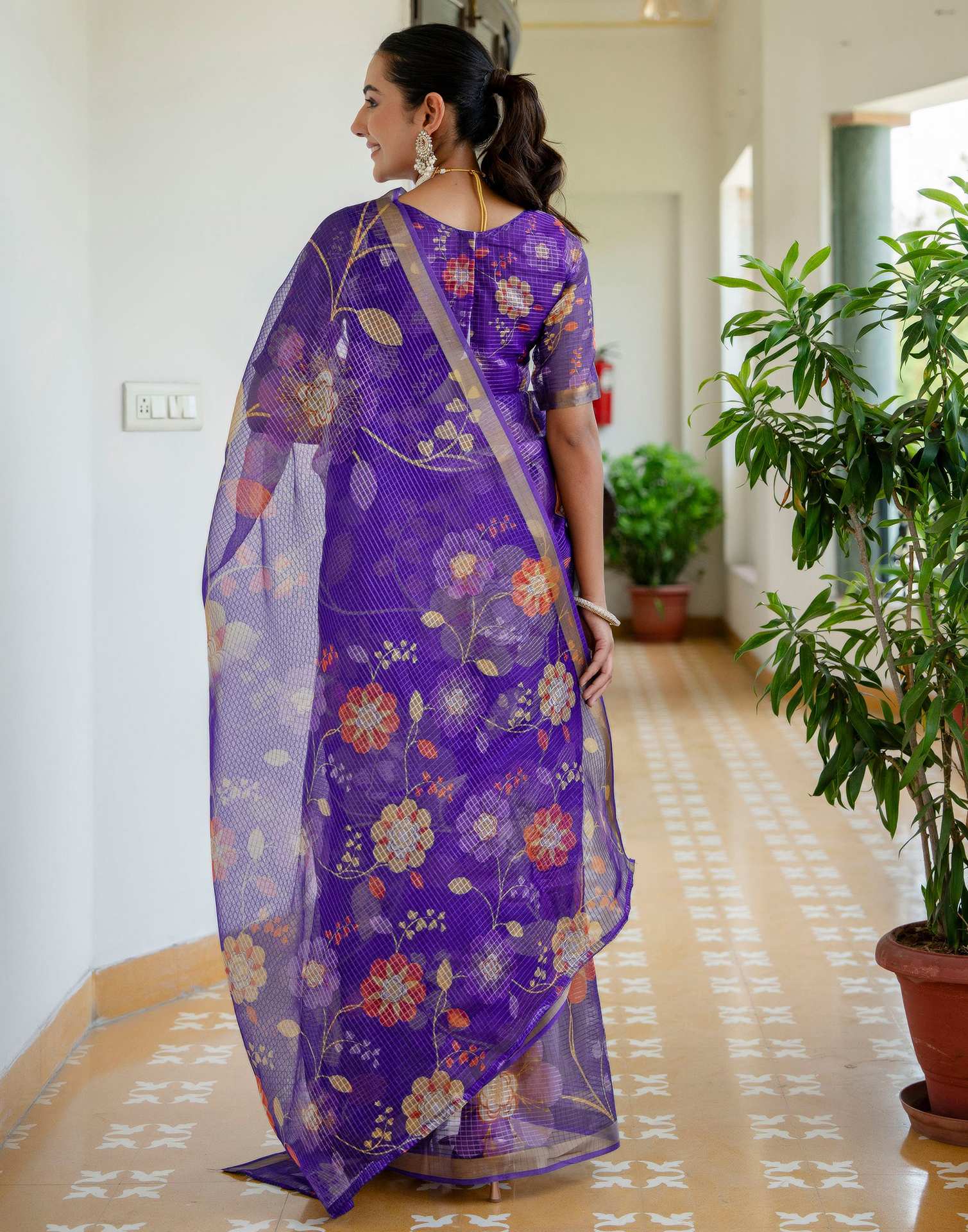 Dark Purple Kota Doria Printed Zari Border Saree