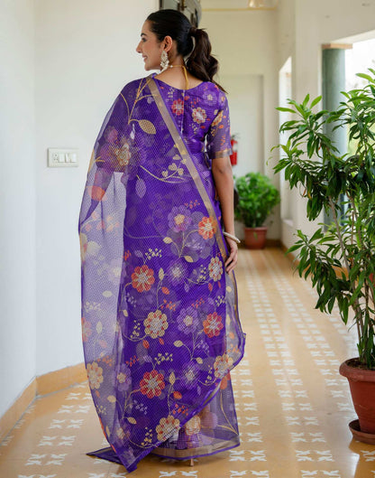 Dark Purple Kota Doria Printed Zari Border Saree