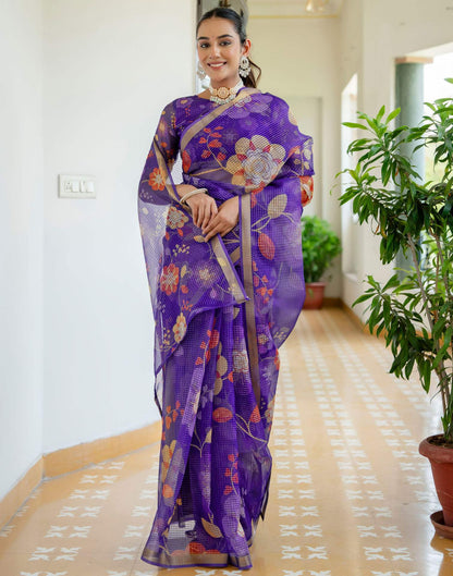 Dark Purple Kota Doria Printed Zari Border Saree