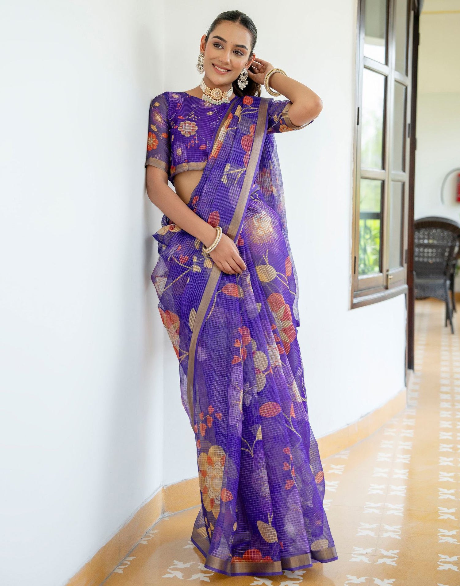Dark Purple Kota Doria Printed Zari Border Saree