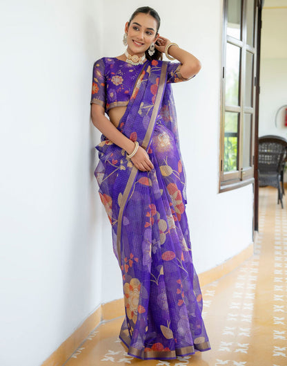 Dark Purple Kota Doria Printed Zari Border Saree