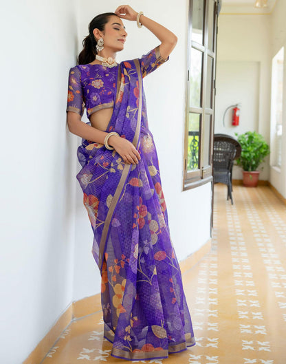 Dark Purple Kota Doria Printed Zari Border Saree