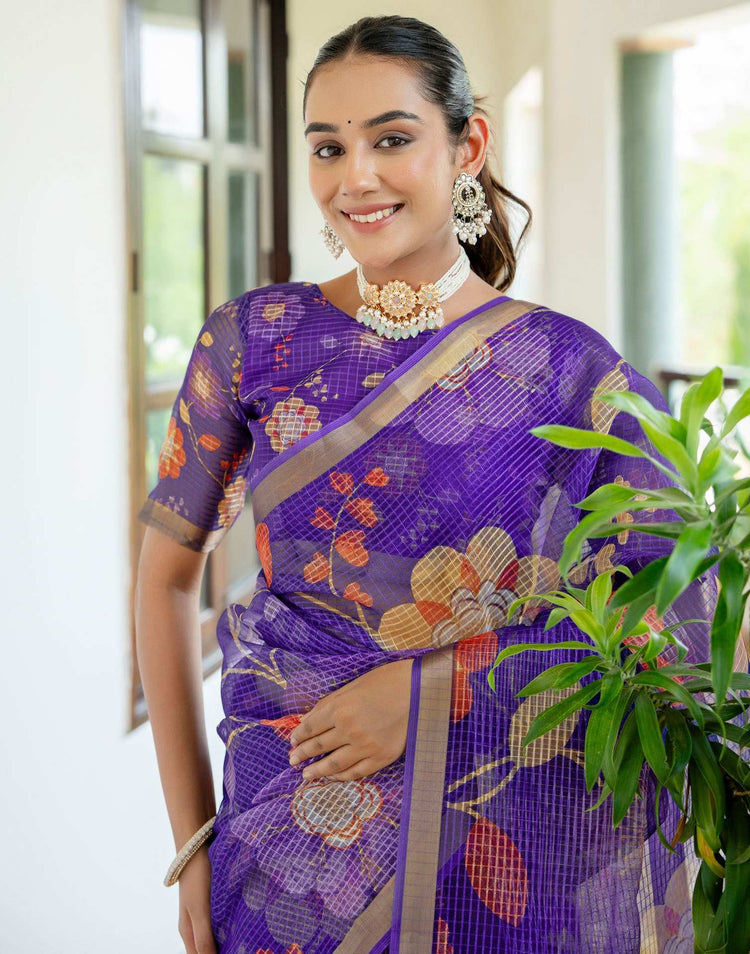 Dark Purple Kota Doria Printed Zari Border Saree