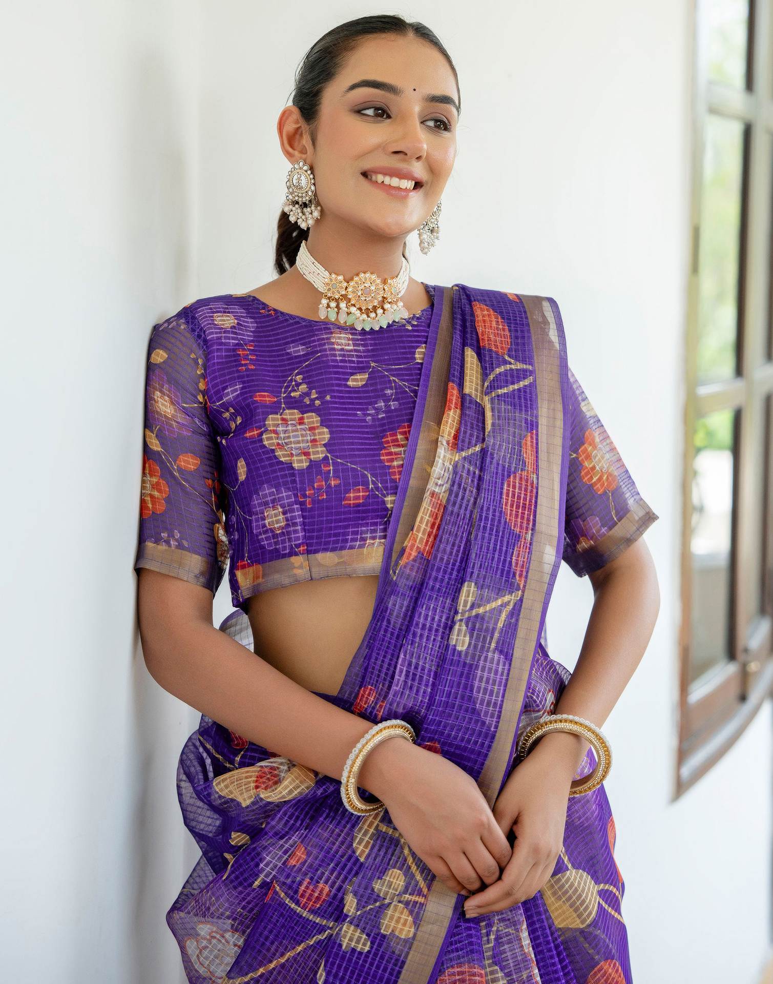 Dark Purple Kota Doria Printed Zari Border Saree