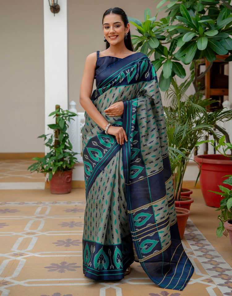 Navy Blue Khadi Ikkat Printed Saree