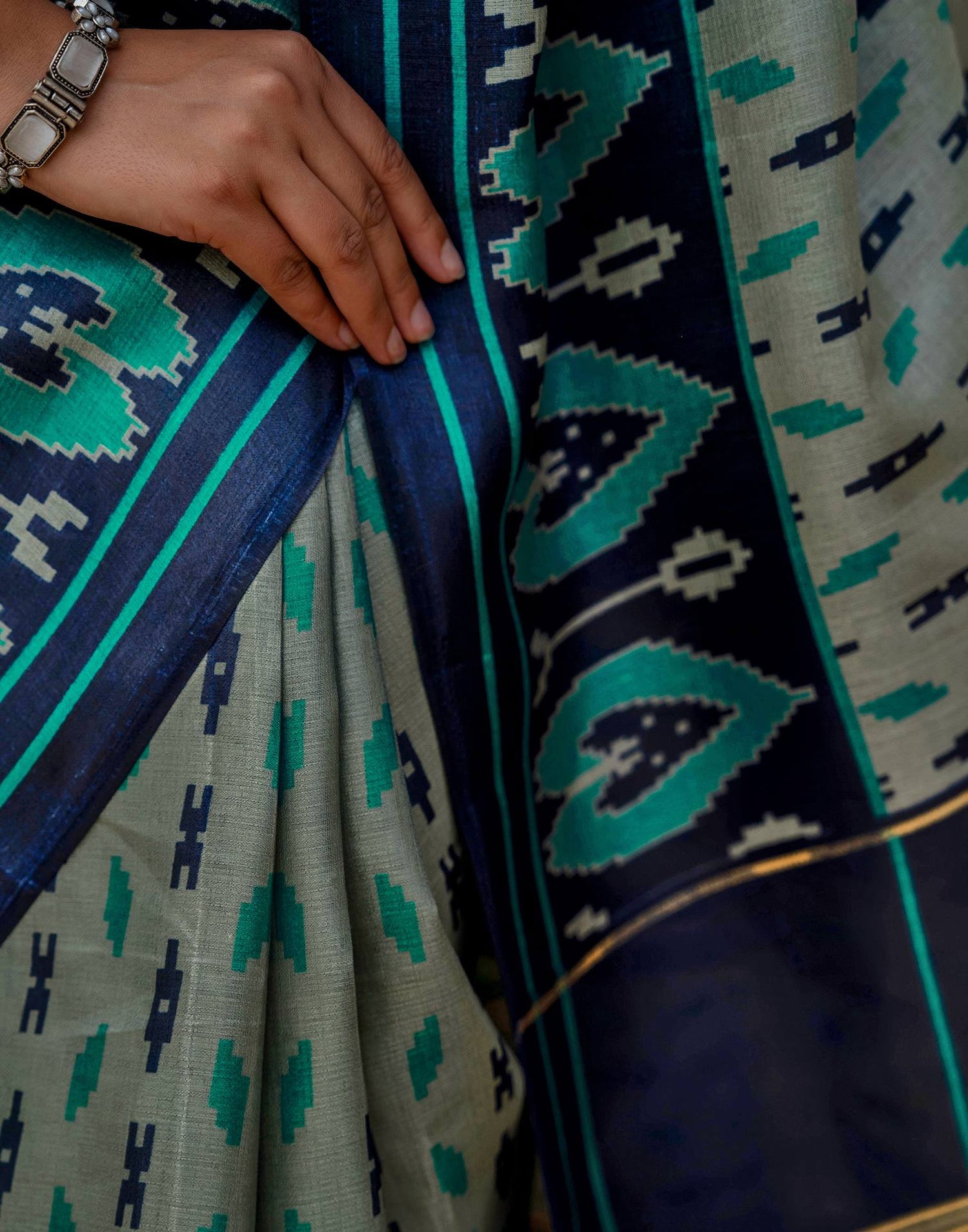Navy Blue Khadi Ikkat Printed Saree