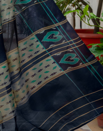 Navy Blue Khadi Ikkat Printed Saree
